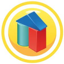 IITR Datenschutz für Kindergärten - Rundes, gelbes Leistungsumfang-Icon mit bunten Bauklötzen in Form eines Hauses